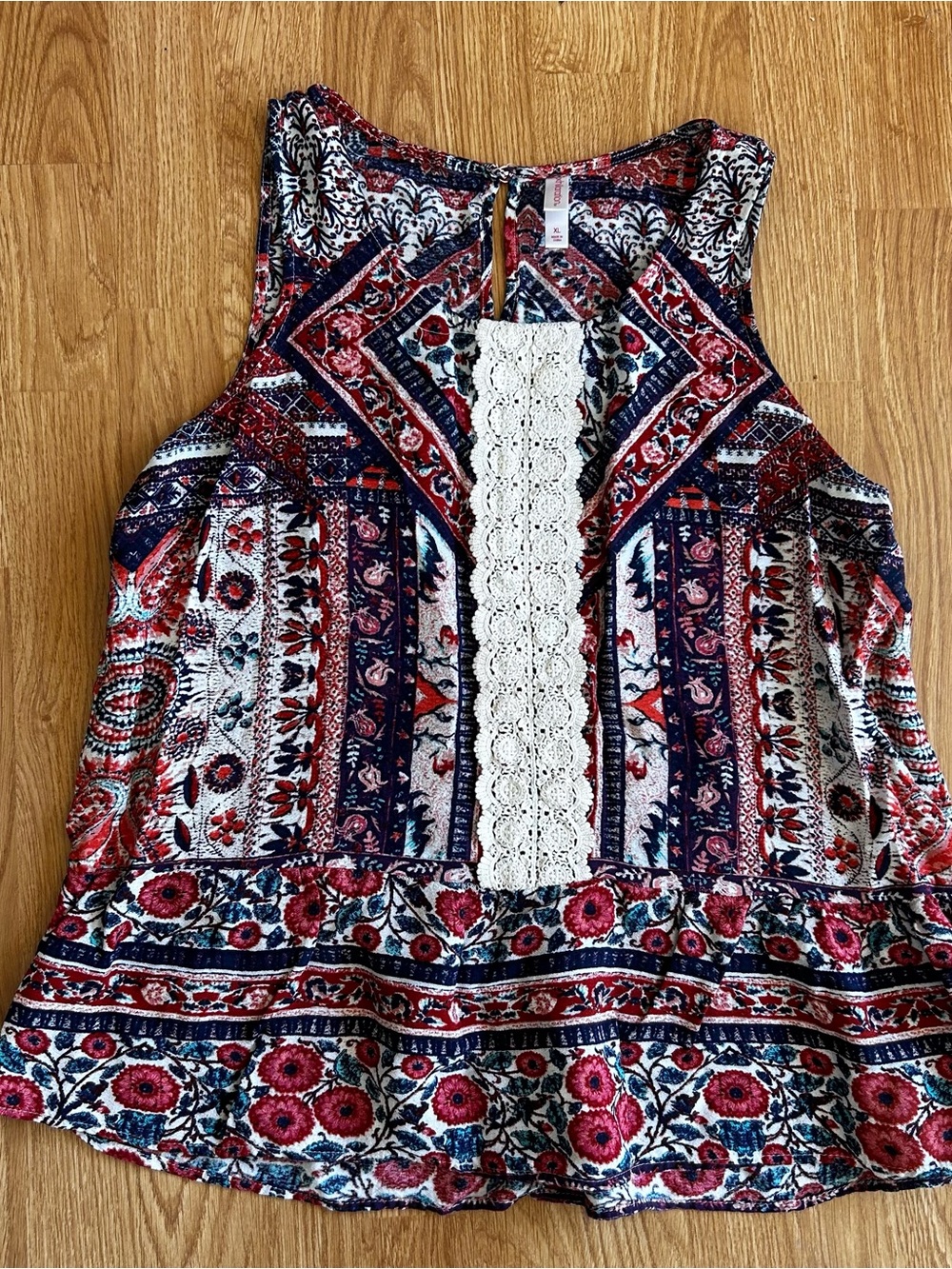 Xhilaration Red, Navy & White Patterned Crochet-Trim Tank Top